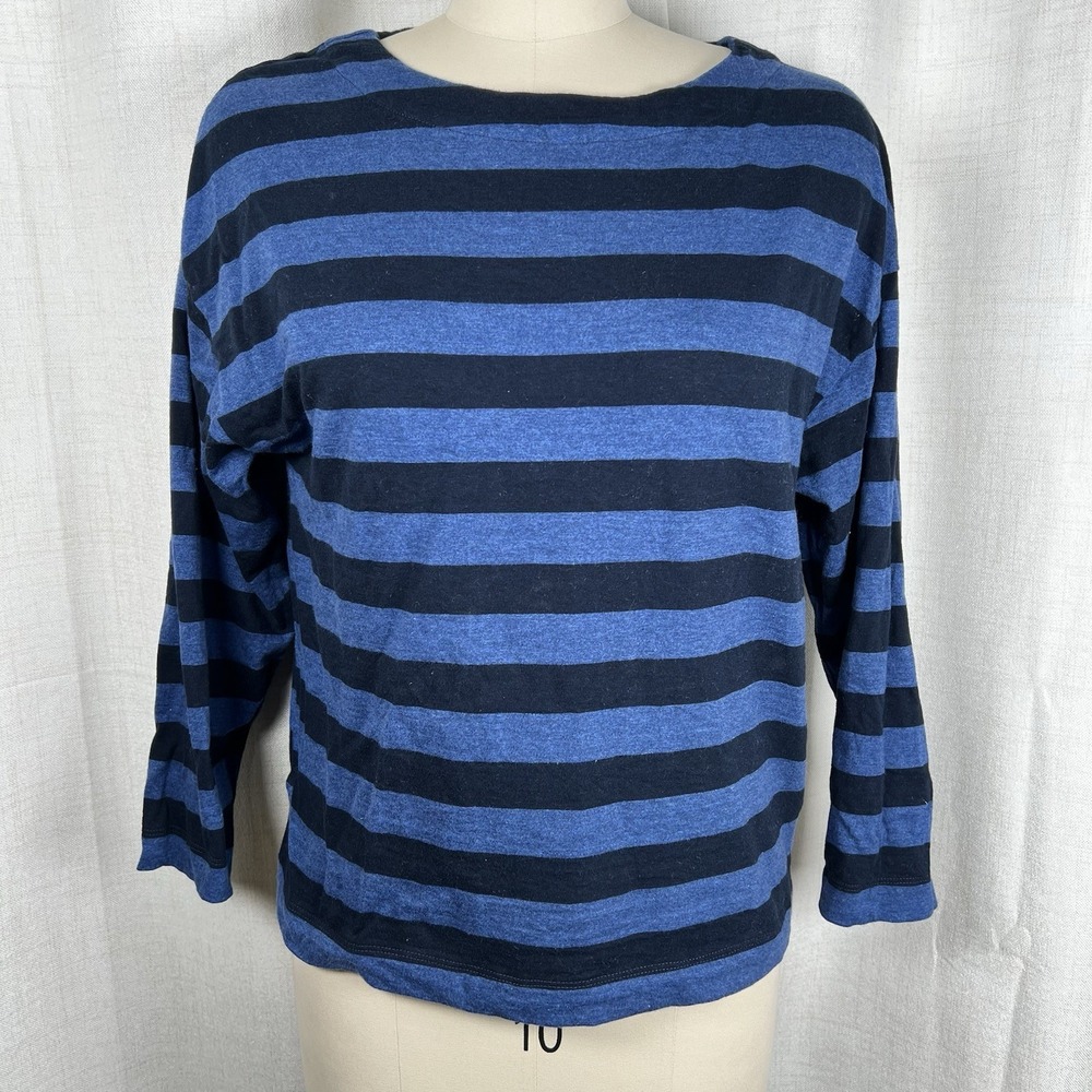 Toast Striped Blue T-shirt 100% Cotton Boat Neck 3/4 Sleeve Women's Small